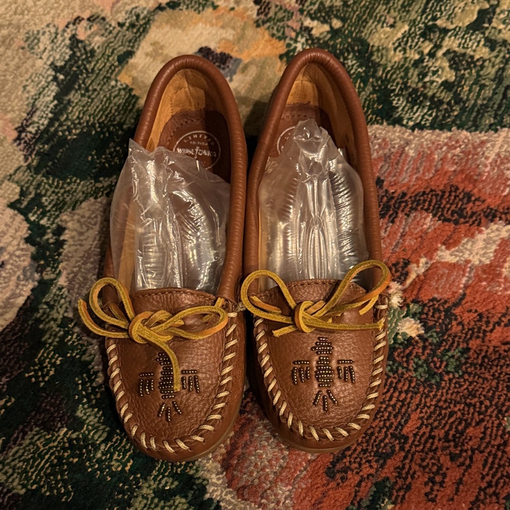 New shoes, Minnetonka Brown Leather Moccasins with Tan Accents